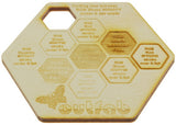 hexagonal cut out of birch wood for laser cutting showing different thicknesses and etchings